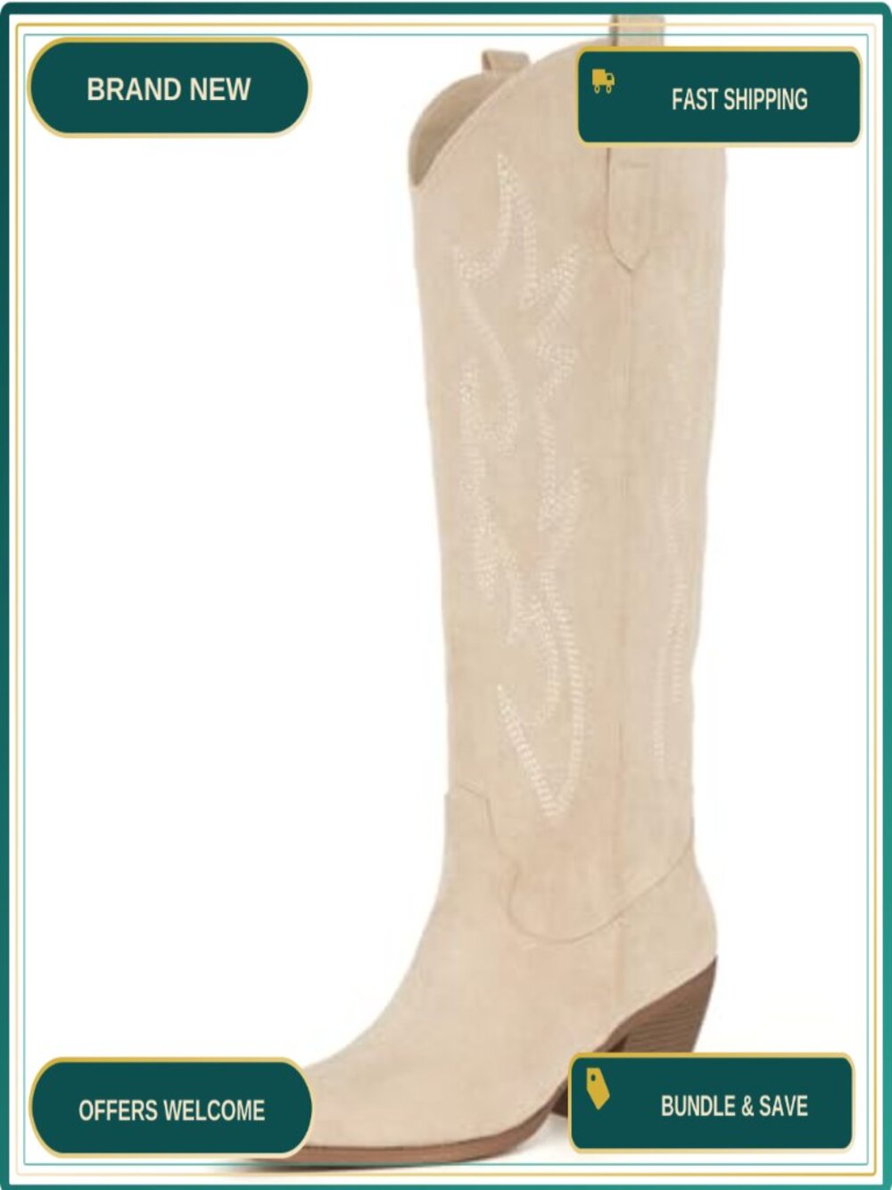Knee High Cowboy Boots Pointed Toe Block Heel Embroidered Suede Faux Leather